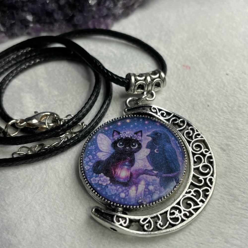 Double Black Cat Double Sided Moon Pendant - Gothic Witchy Jewelry -Artisan - Picture 12 of 16